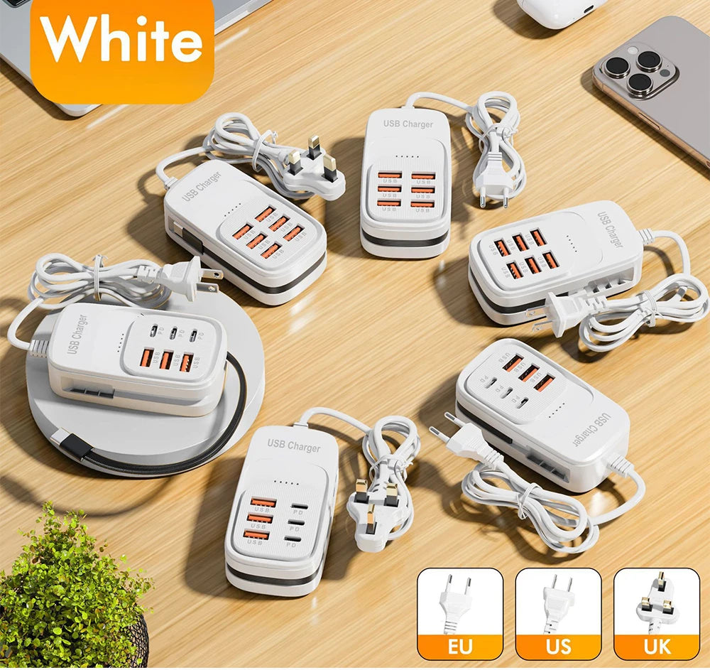 Fast USB Charger 6 in 1 Power Strip Desktop Charging Station Fast Charging Cord EU/UK/US Plug USB HUB Adapter Socket 3PD 3USB