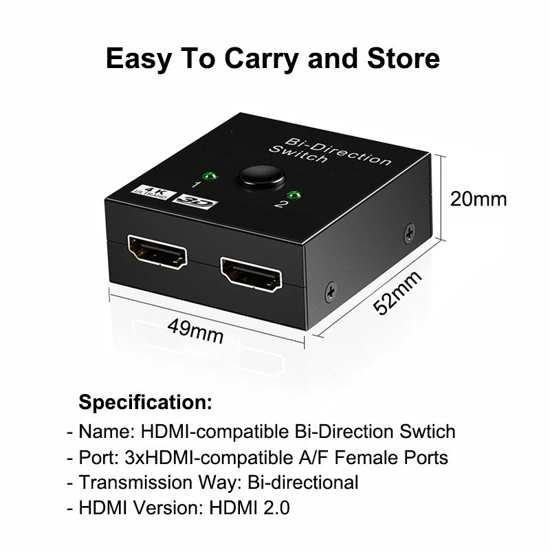 4K HDMI-Compatible Switch 2 Ports Bi-directional 1x2 / 2x1 HDMI-Compatible Switcher Splitter Supports Ultra HD 4K 1080P 3D HDR