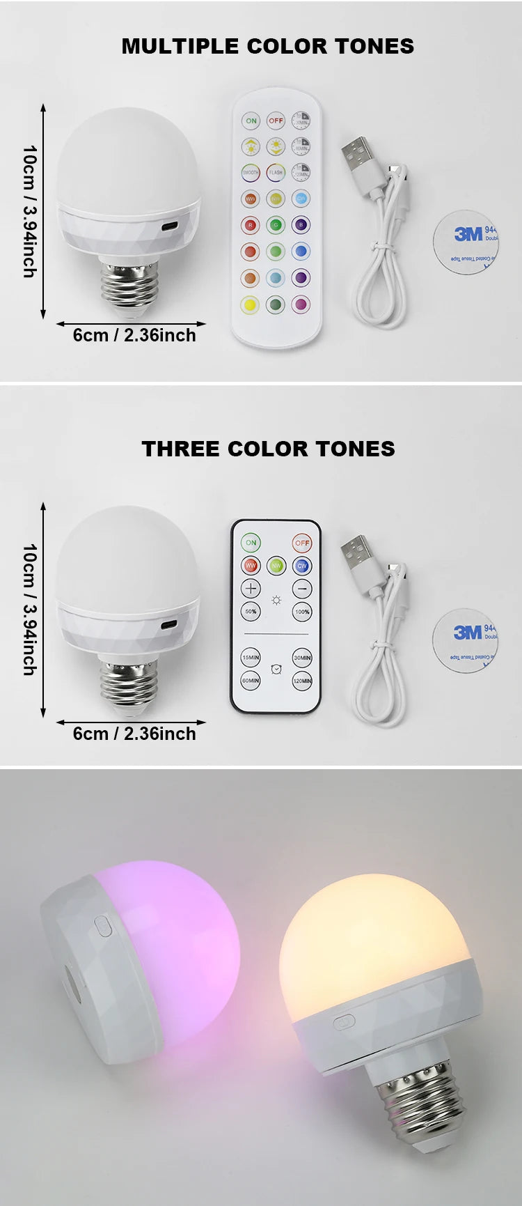 RGB LED Light Bulb USB 5V Charging Smart Remote Control Dimmable For Bedroom Bedside Living Room Bar LED Lighting Fixtures