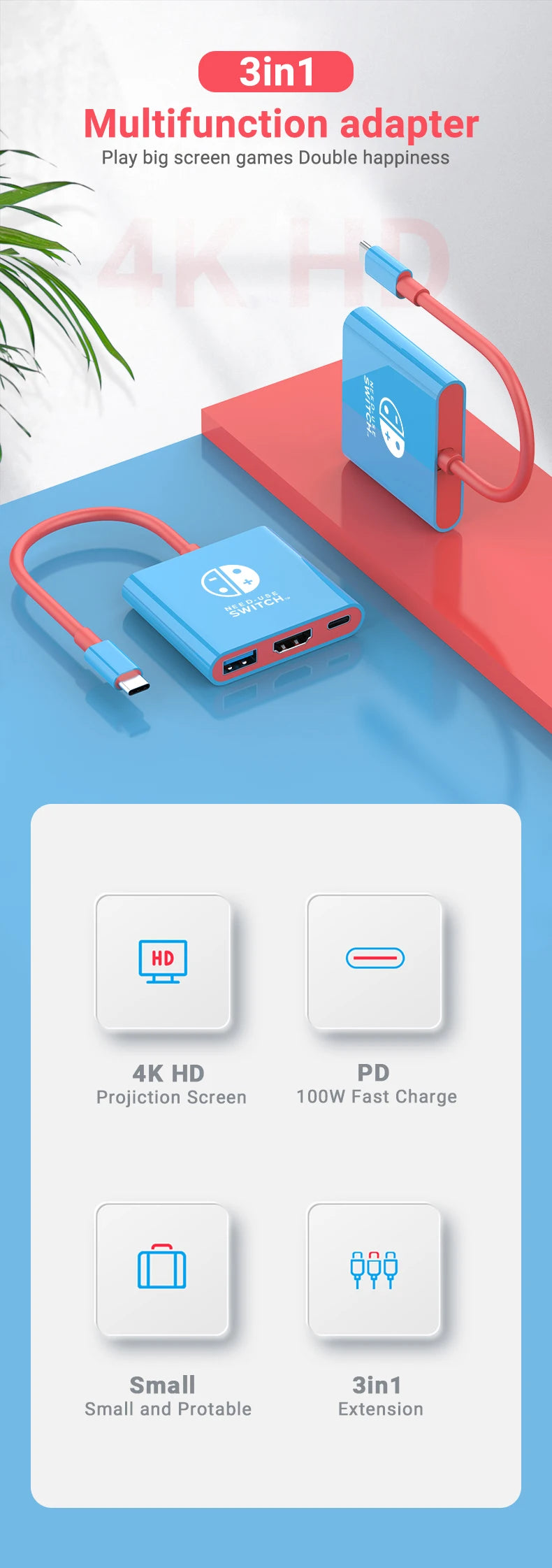 3 In 1 USB C HUB Type C to HDMI 4K with PD 100W Fast Charging USB 3.0 Docking Station for Switch MacBook Laptop Computer Phone