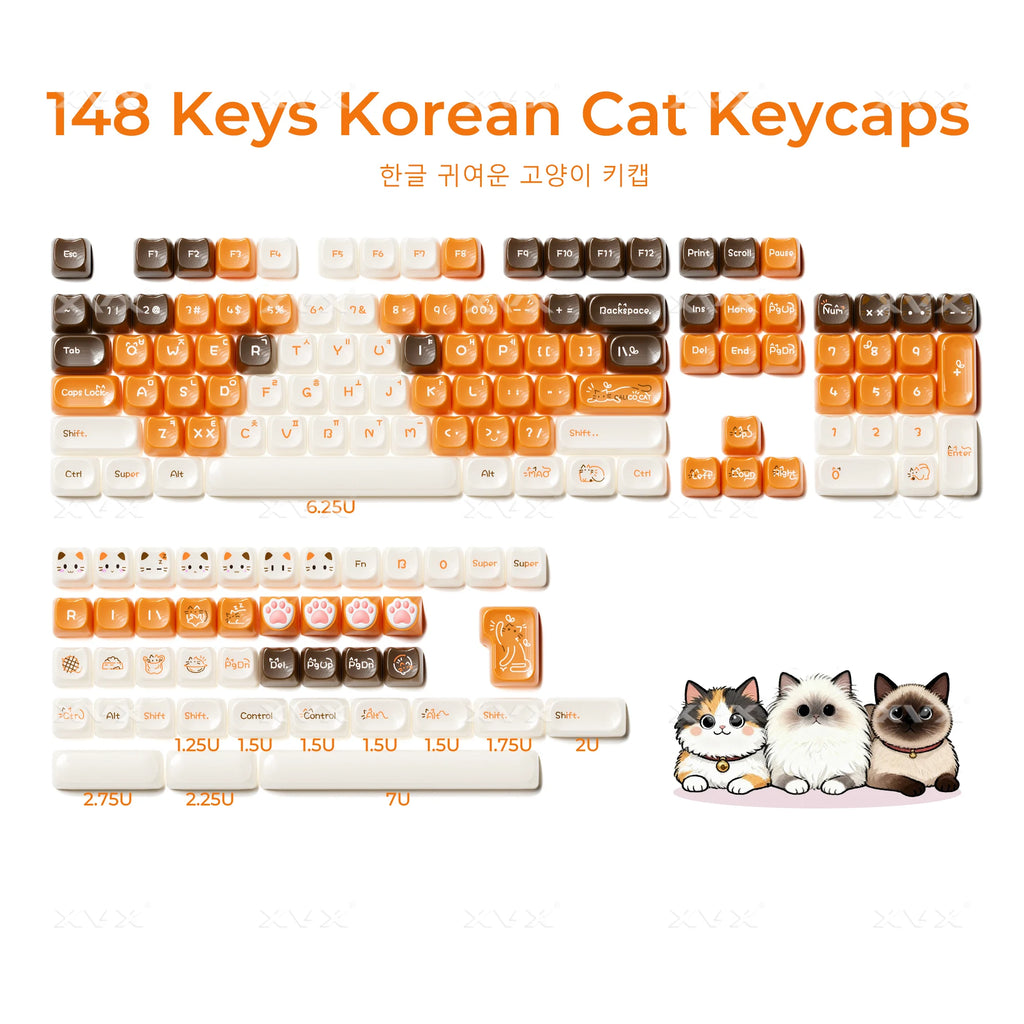 XVX Korean Calico Cat Keycaps MAO Profile PBT Orange Key Cap Set for Mechanical Keyboard (148-key)