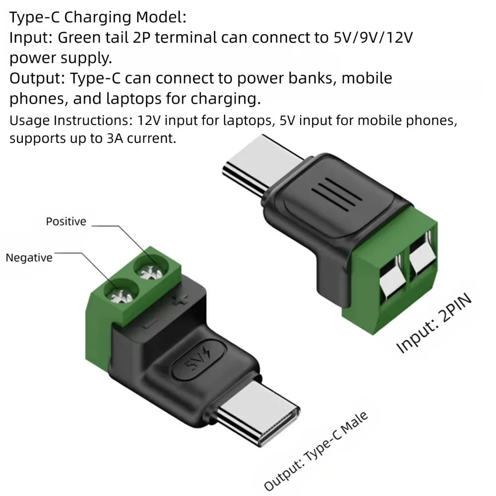 1-4Pcs Solderless Plug USB C to 2Pin Terminal Adapter Screw 5V Crimp Terminal Block Green Type-C to 2 Pin Charging Connector