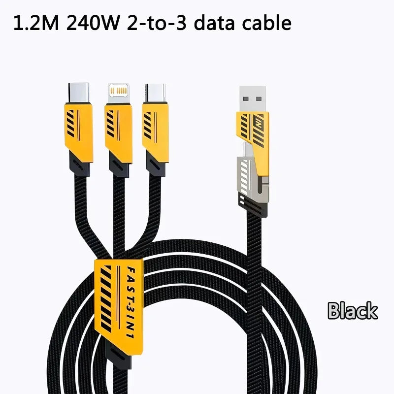 240W Multi Charging Cable 1.2m 3 In 2 Port Fast Charge Cord Compatible Type-C Micro USB Mobile Phones