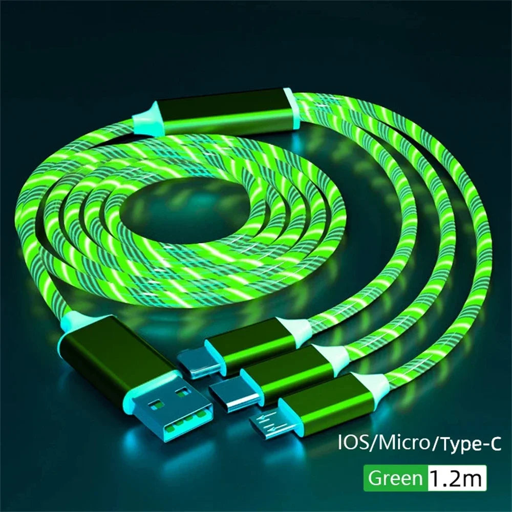 Glowing LED Light USB 3 IN 1 cable Phone Fast Charging Charger Luminous Type C Cable For Xiaomi iPhone Phone Accessories