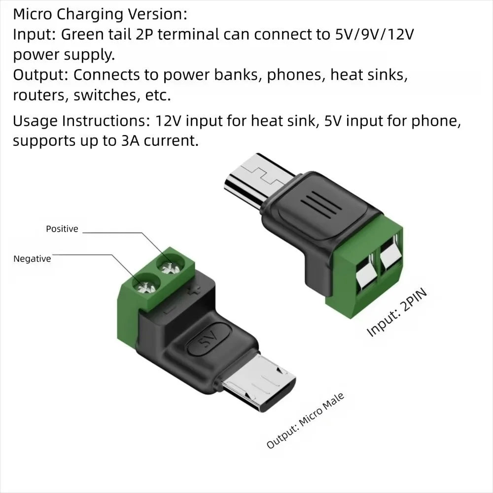 1-4Pcs Solderless Plug USB C to 2Pin Terminal Adapter Screw 5V Crimp Terminal Block Green Type-C to 2 Pin Charging Connector