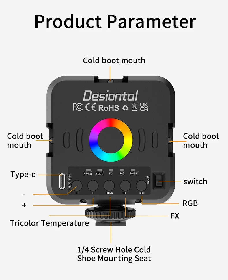 RGB LED Video Light for Camera, 360° Full Color Fill Light with Remote Control, Rechargeable Portable RGB Panel for Photography,
