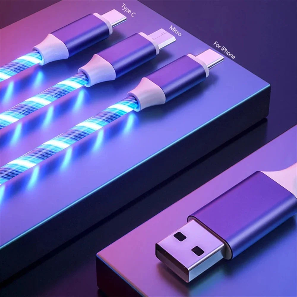 Glowing LED Light USB 3 IN 1 cable Phone Fast Charging Charger Luminous Type C Cable For Xiaomi iPhone Phone Accessories