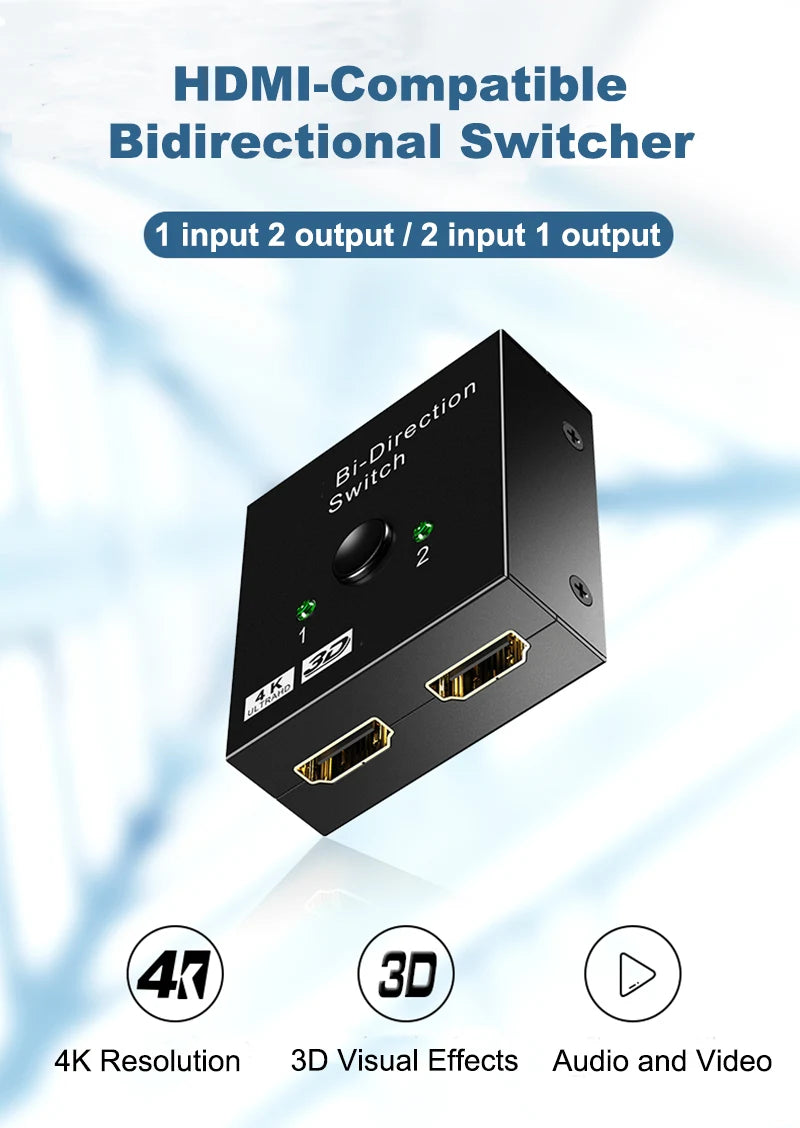 4K HDMI-Compatible Switch 2 Ports Bi-directional 1x2 / 2x1 HDMI-Compatible Switcher Splitter Supports Ultra HD 4K 1080P 3D HDR