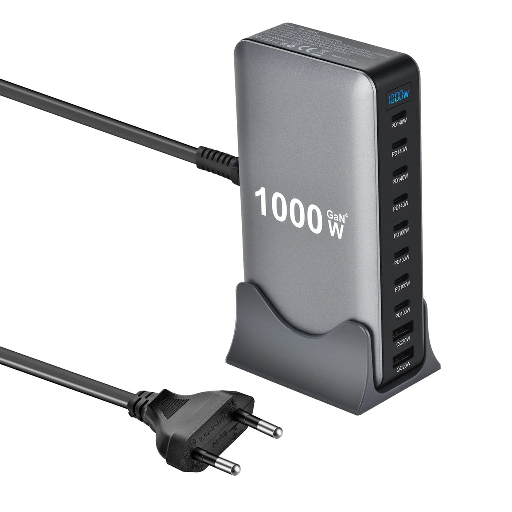 1000W 10-Port GaN Desktop Adapter 140W PD Fast Charging for MacBook Pro Laptop, 100W for Phone Tablet, Multi Port USB Hub Statio