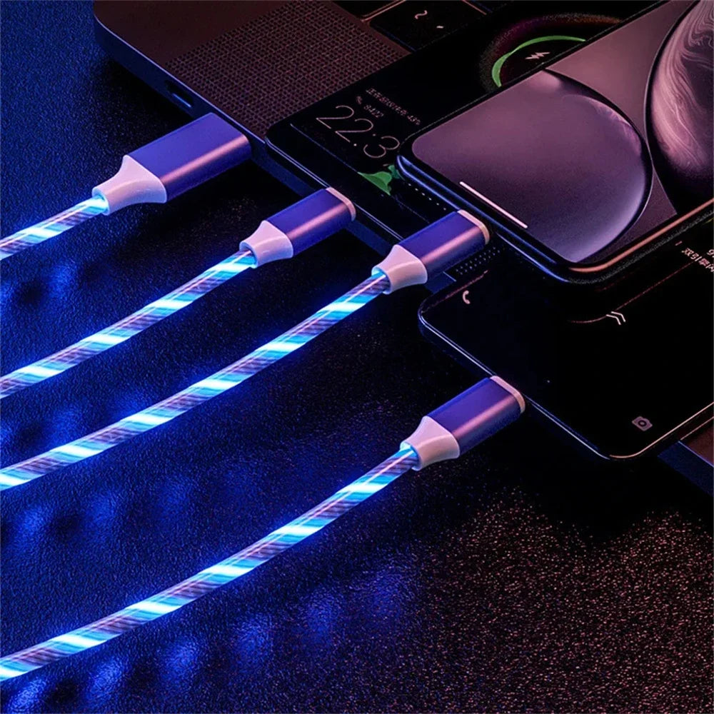 Glowing LED Light USB 3 IN 1 cable Phone Fast Charging Charger Luminous Type C Cable For Xiaomi iPhone Phone Accessories