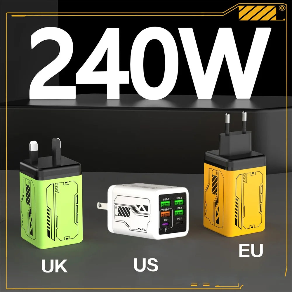240W GaN USB Mobile Phone Charger Type C Fast Charging Charger Wall Adapter for iPhone Xiaomi Huawei EU/US/UK/KR Plug Cell Phone