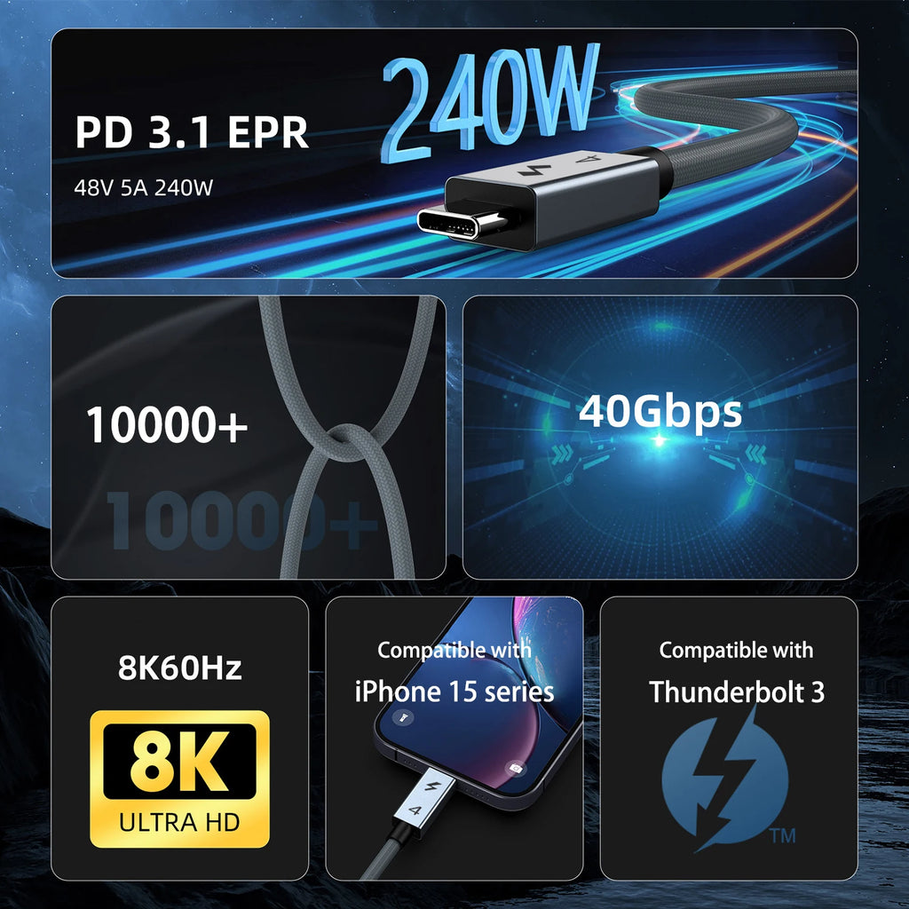 UGOURD USB C Thunderbolt 4 40Gbps USB4 Cable USB Type C to C 240W Fast Charging Cable Thunderbolt3 for EGPU SSD iPad MacBook Air