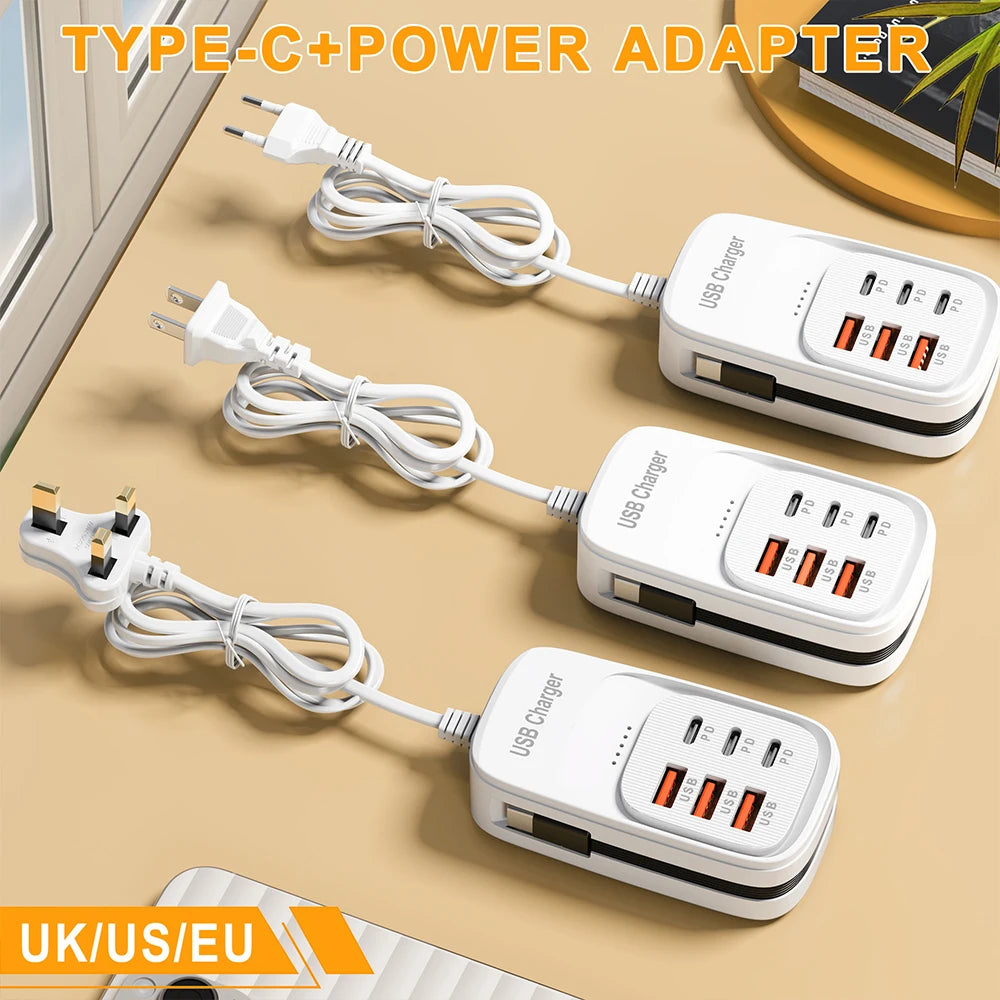 Fast USB Charger 6 in 1 Power Strip Desktop Charging Station Fast Charging Cord EU/UK/US Plug USB HUB Adapter Socket 3PD 3USB