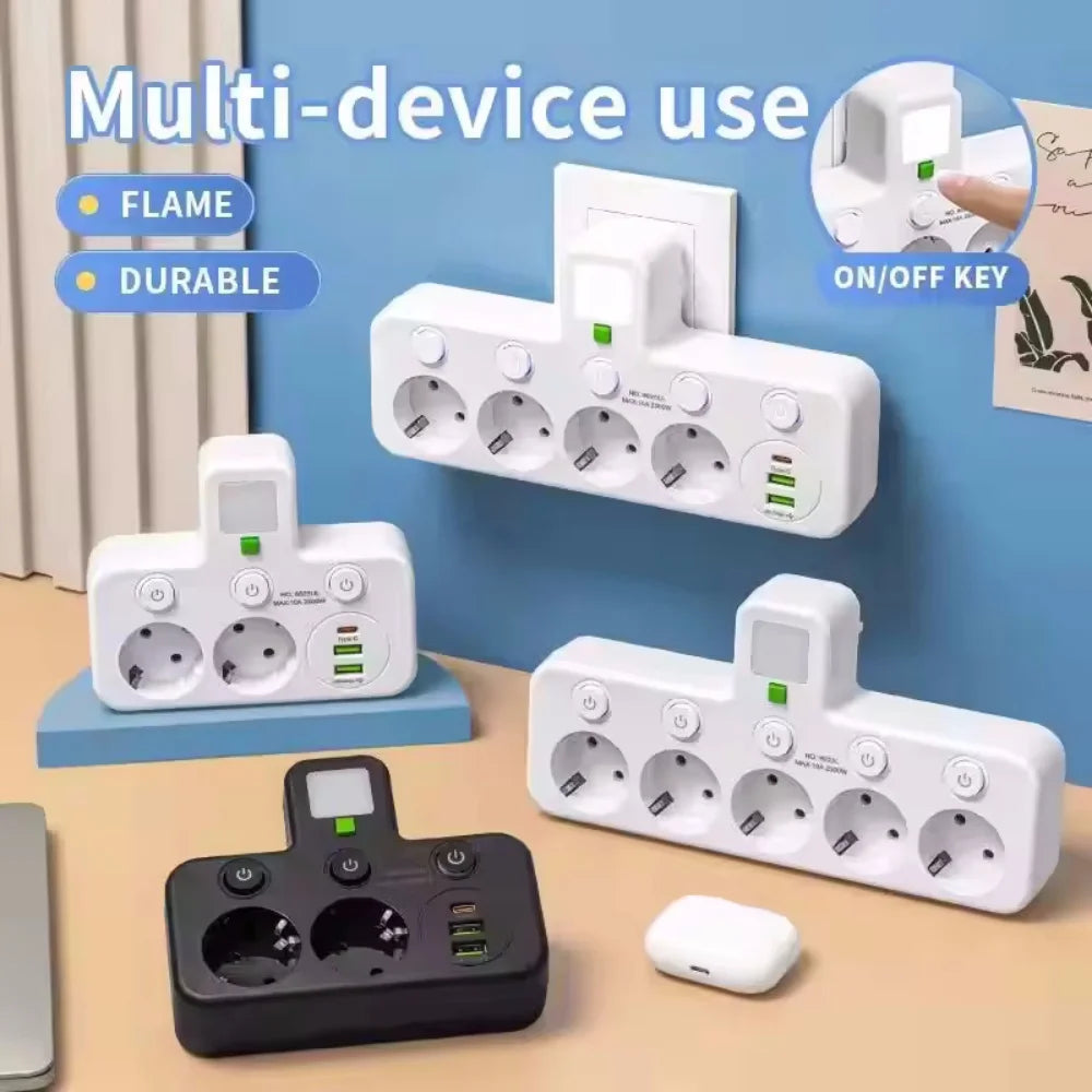 EU Plug 3/4/5 AC Outlet Power Strip Multiprise Wall Socket Universal Network Filter USB Cherger Separate Switch Light Adapter
