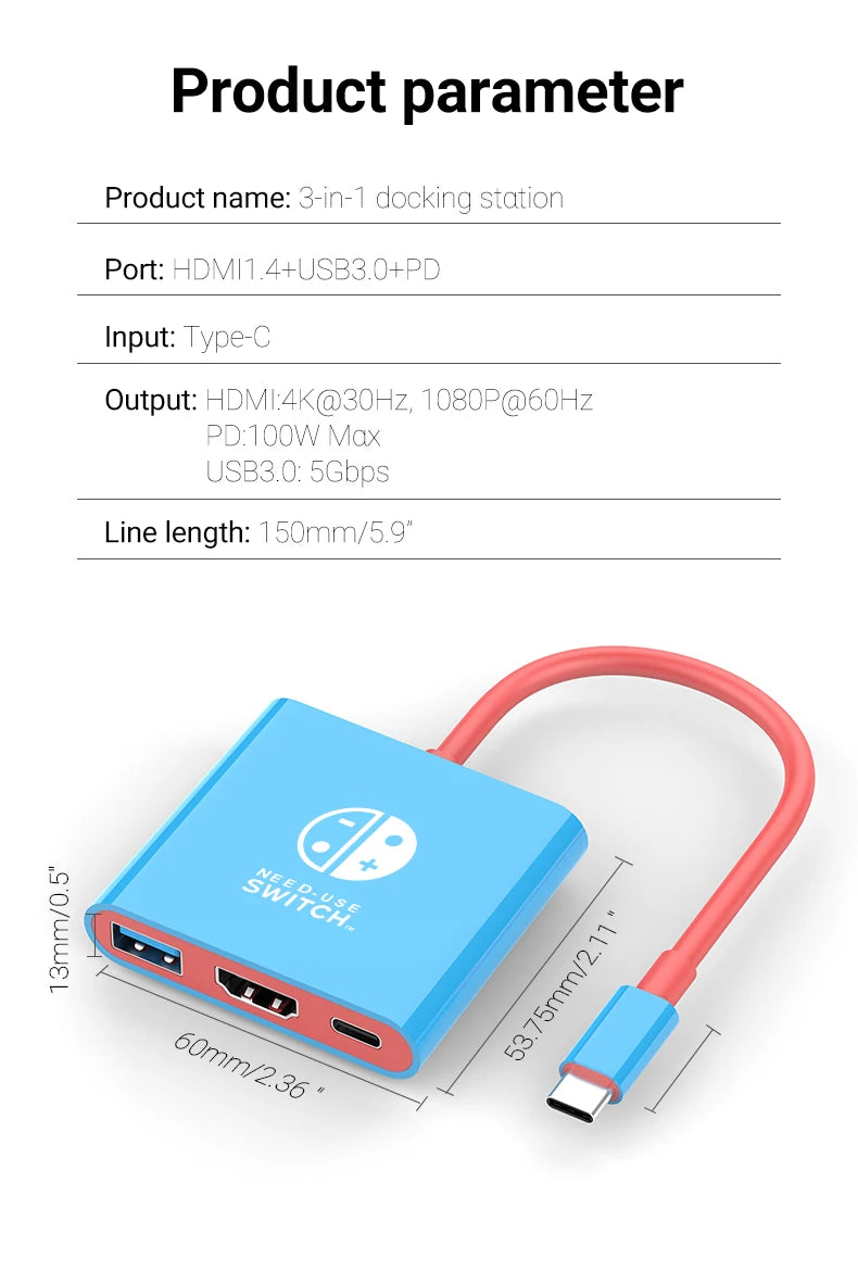 3 In 1 USB C HUB Type C to HDMI 4K with PD 100W Fast Charging USB 3.0 Docking Station for Switch MacBook Laptop Computer Phone