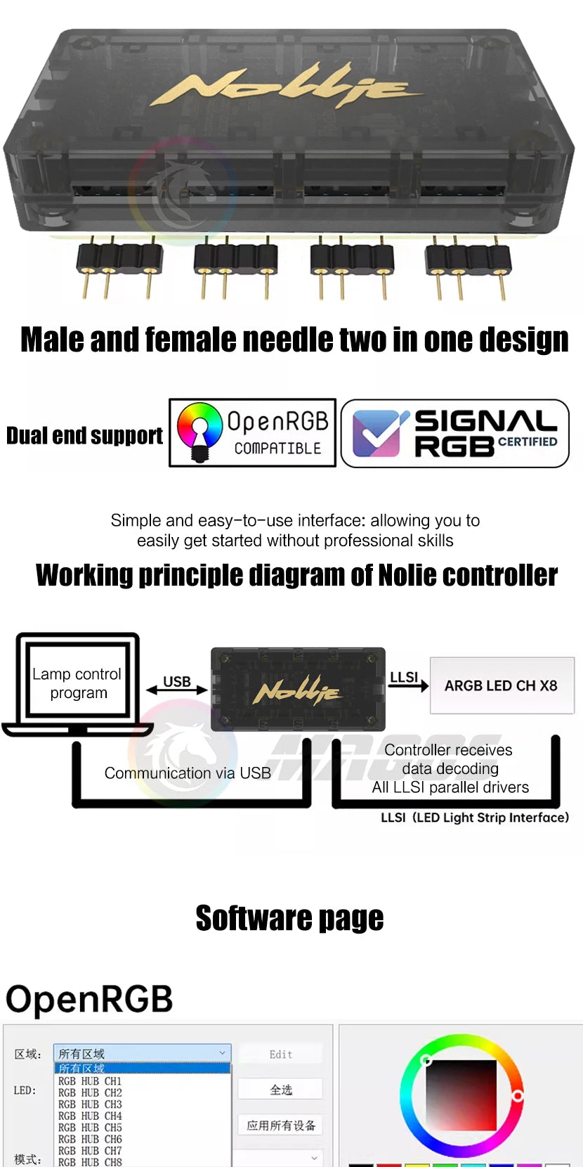 Nollie RGB Asynchronous Controller HUB 8/16 Ways Addressable ARGB Splitter Support Software Signal-RGB/OpenRGB Management