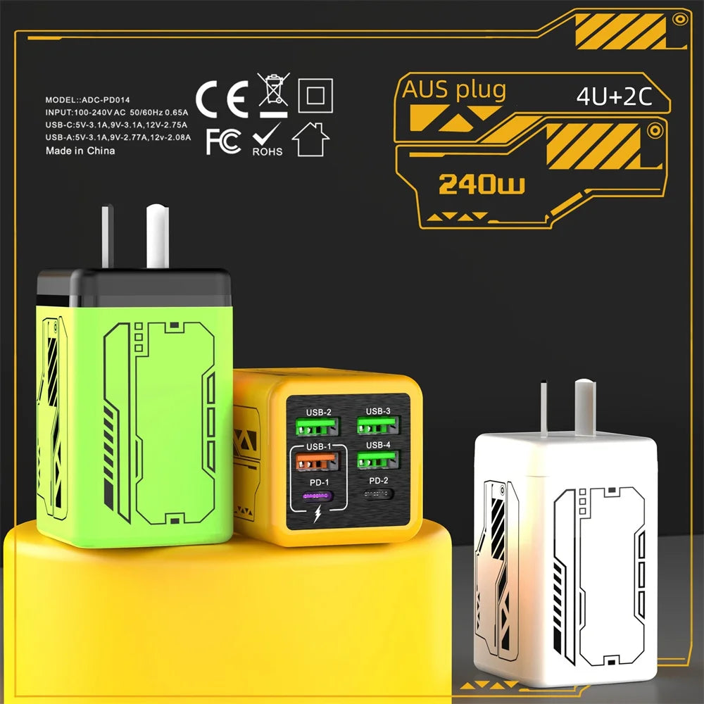 240W GaN USB Mobile Phone Charger Type C Fast Charging Charger Wall Adapter for iPhone Xiaomi Huawei EU/US/UK/KR Plug Cell Phone