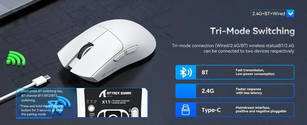 ATTACK SHARK X11 Wireless Gaming Mouse Charging Dock PixArt PAW3311 BT/2.4G Wireless/Wired Gaming Sensor Gift Anti-slip Sticker