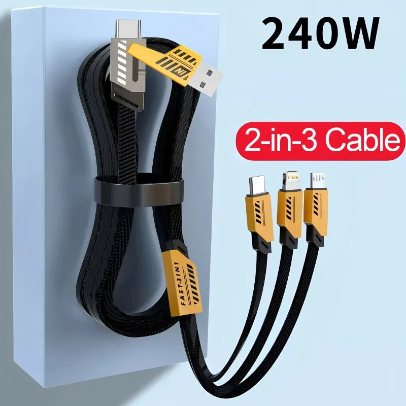 240W Multi Charging Cable 1.2m 3 In 2 Port Fast Charge Cord Compatible Type-C Micro USB Mobile Phones