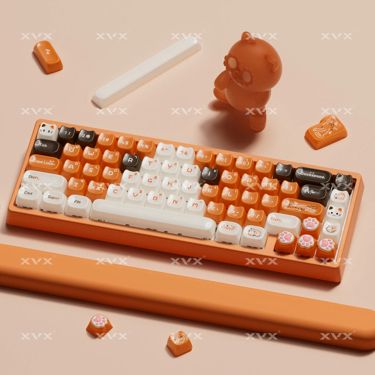 XVX Korean Calico Cat Keycaps MAO Profile PBT Orange Key Cap Set for Mechanical Keyboard (148-key)