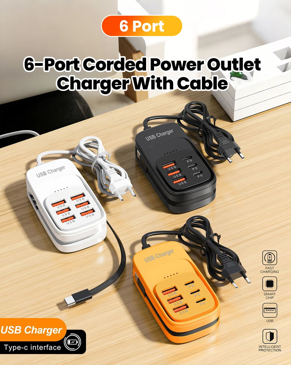 Fast USB Charger 6 in 1 Power Strip Desktop Charging Station Fast Charging Cord EU/UK/US Plug USB HUB Adapter Socket 3PD 3USB