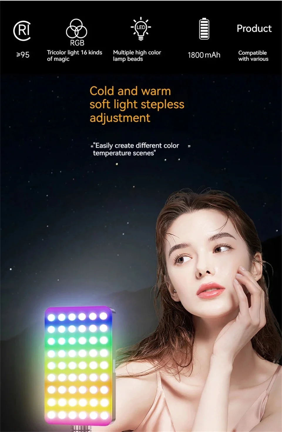 LED RGB Camera Light Full Color Output Video Light Kit Dimmable 2700K-6500K Bi-Color Panel Light CRI 95+ Rechargeable 1800mAh