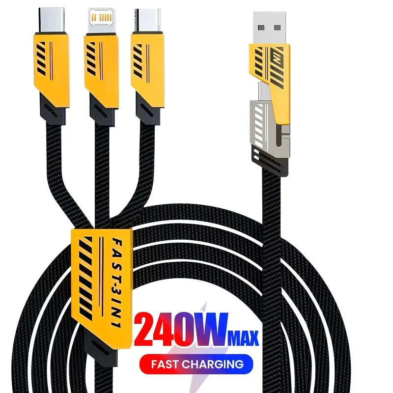 240W Multi Charging Cable 1.2m 3 In 2 Port Fast Charge Cord Compatible Type-C Micro USB Mobile Phones
