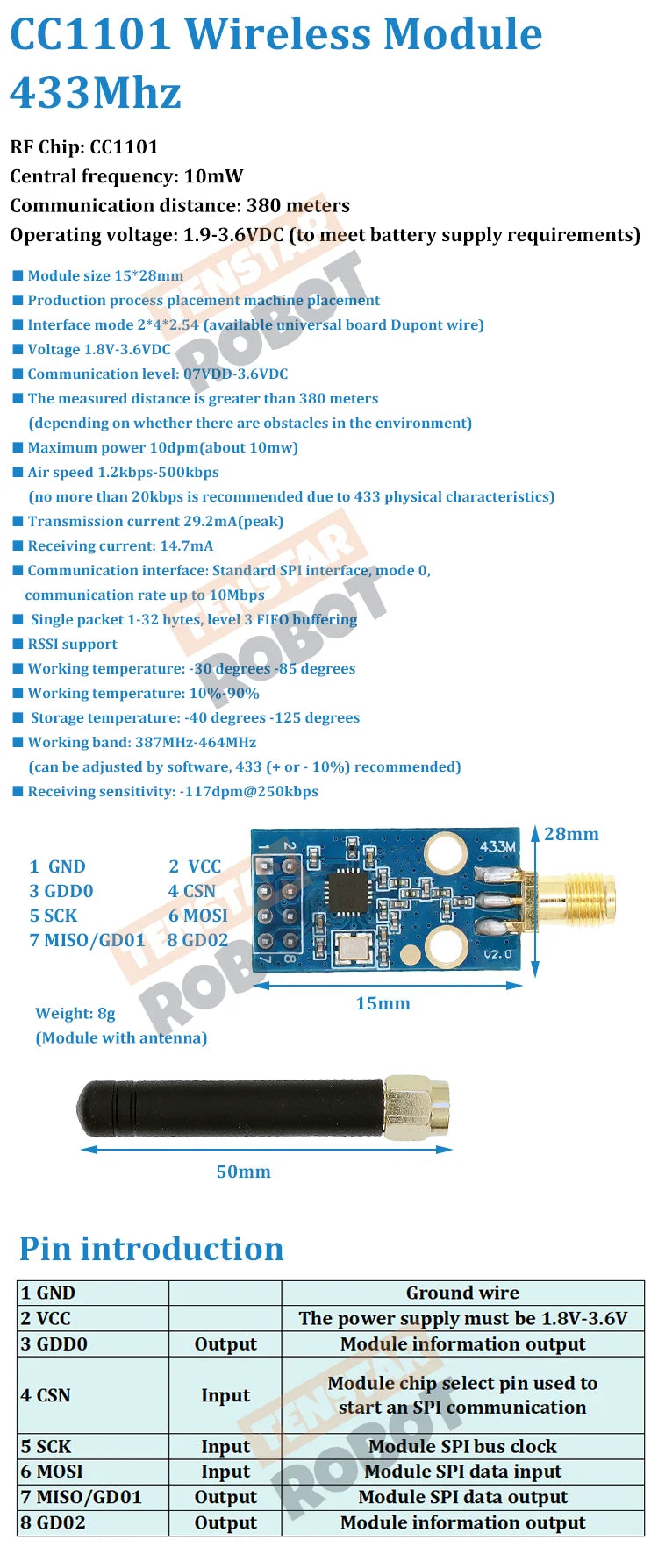 TENSTAR CC1101 433MHz Wireless Module With SMA 50cm Antenna Wireless Transceiver Module