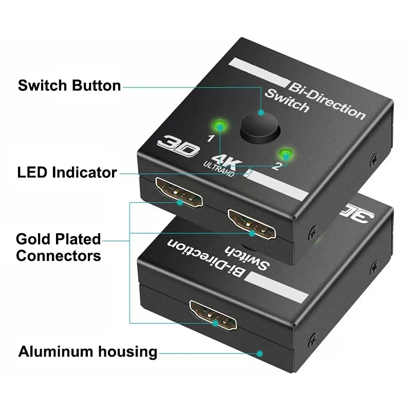 4K HDMI-Compatible Switch 2 Ports Bi-directional 1x2 / 2x1 HDMI-Compatible Switcher Splitter Supports Ultra HD 4K 1080P 3D HDR