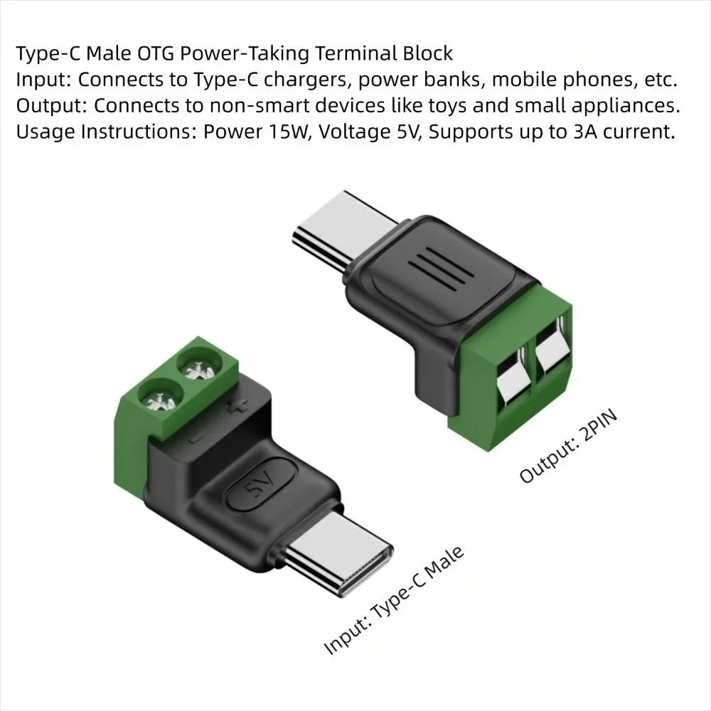 1-4Pcs Solderless Plug USB C to 2Pin Terminal Adapter Screw 5V Crimp Terminal Block Green Type-C to 2 Pin Charging Connector