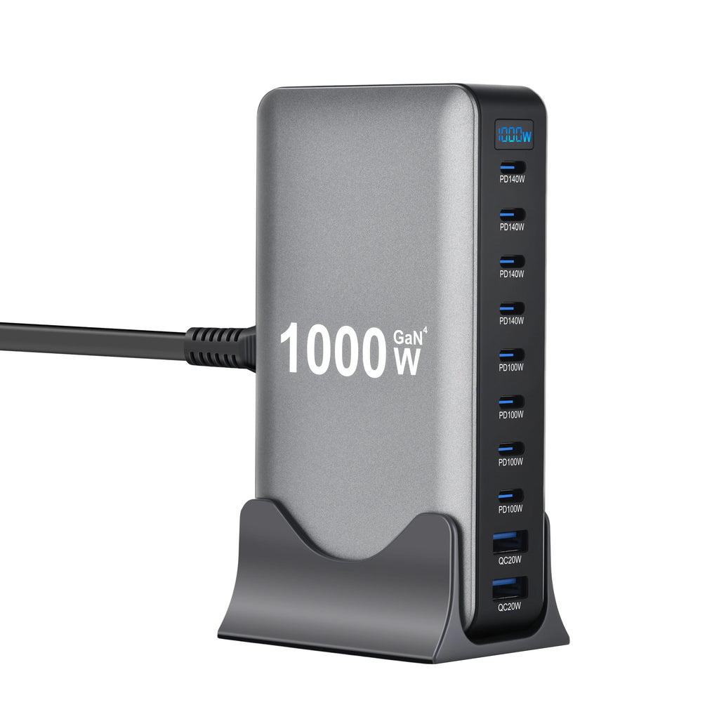 1000W 10-Port GaN Desktop Adapter 140W PD Fast Charging for MacBook Pro Laptop, 100W for Phone Tablet, Multi Port USB Hub Statio