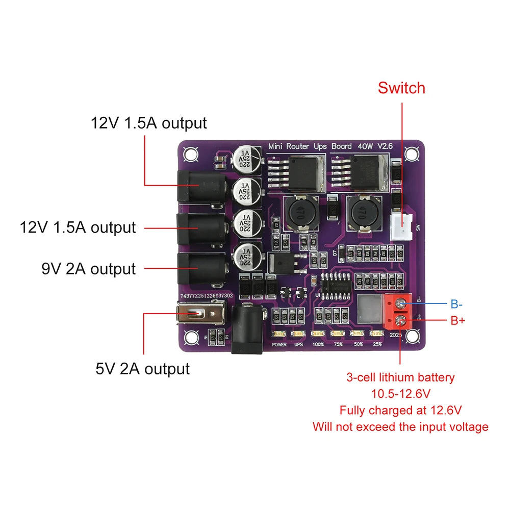 40W Mini Router UPS Board 5V 9V 12V 4-Channel Output Battery Charging Board For Router Uninterruptible Power Supply