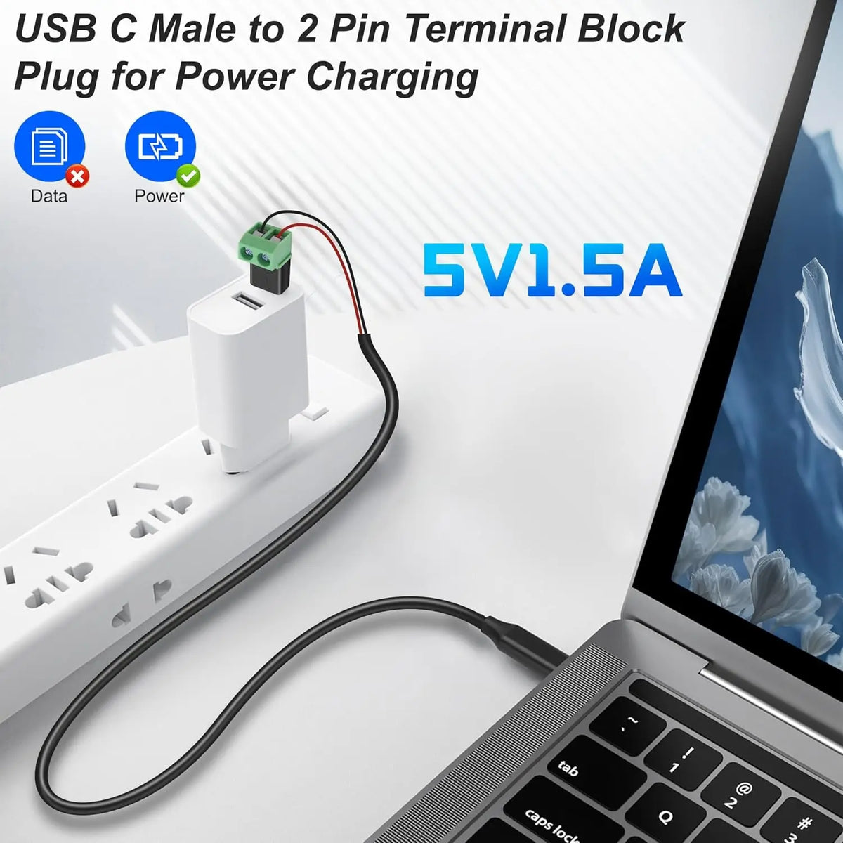 1-4Pcs Solderless Plug USB C to 2Pin Terminal Adapter Screw 5V Crimp Terminal Block Green Type-C to 2 Pin Charging Connector