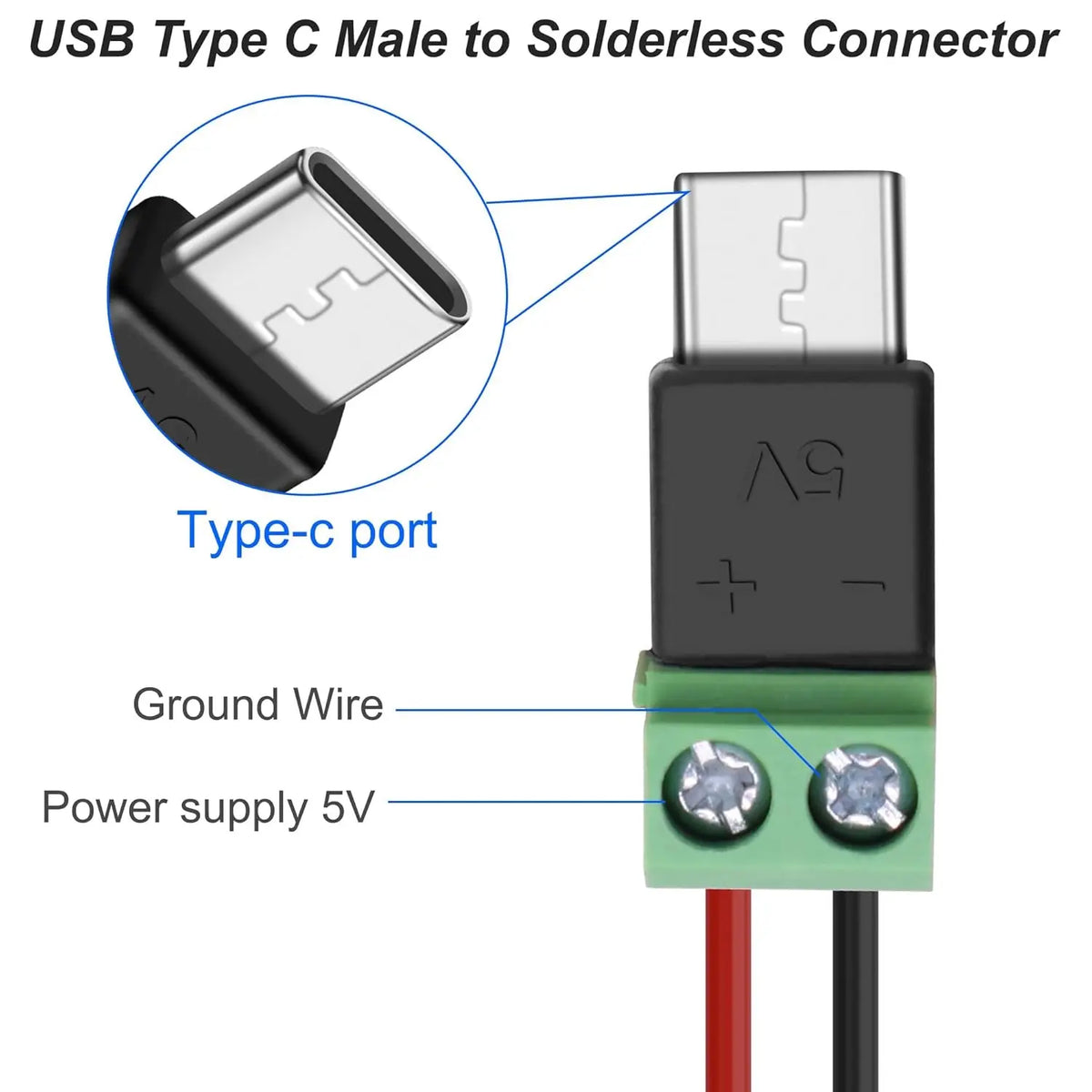 1-4Pcs Solderless Plug USB C to 2Pin Terminal Adapter Screw 5V Crimp Terminal Block Green Type-C to 2 Pin Charging Connector