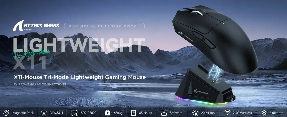 ATTACK SHARK X11 Wireless Gaming Mouse Charging Dock PixArt PAW3311 BT/2.4G Wireless/Wired Gaming Sensor Gift Anti-slip Sticker