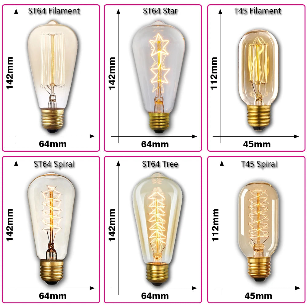 Retro Edison Light Bulb E27 40W 220V A60 ST64 G80 G95 T45 Incandescent Bulb Ampoule Vintage Edison Lamp Filament For Home Decor