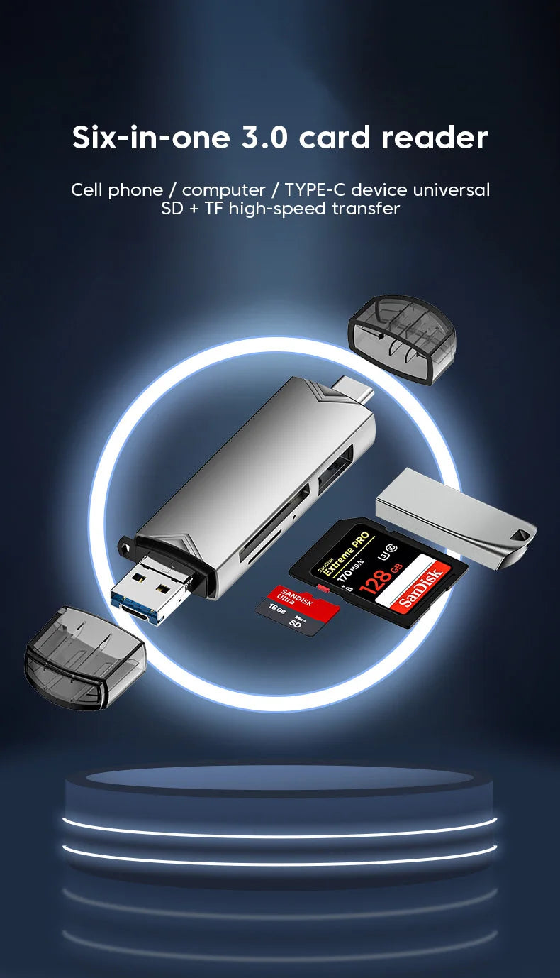 6 in 1 Card Reader USB3.0 to Type C Micro USB Universal OTG Adapter Multifunctional Adapter SD TF High-Speed Transmission