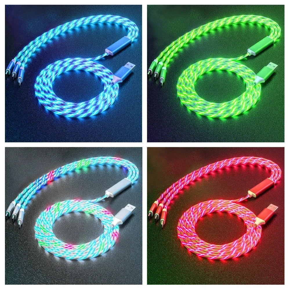 Glowing LED Light USB 3 IN 1 cable Phone Fast Charging Charger Luminous Type C Cable For Xiaomi iPhone Phone Accessories