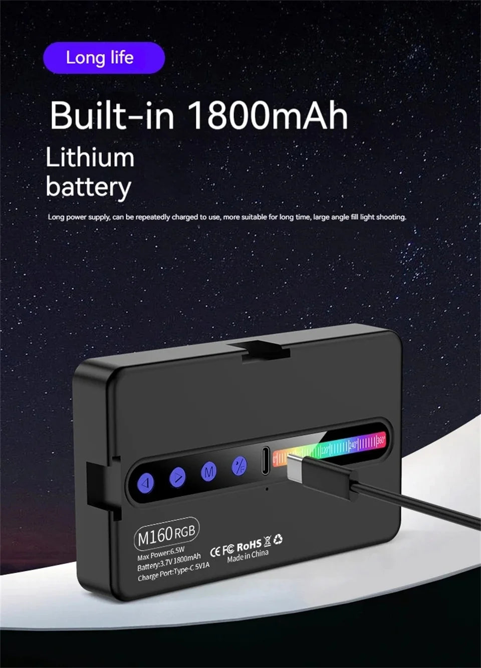 LED RGB Camera Light Full Color Output Video Light Kit Dimmable 2700K-6500K Bi-Color Panel Light CRI 95+ Rechargeable 1800mAh