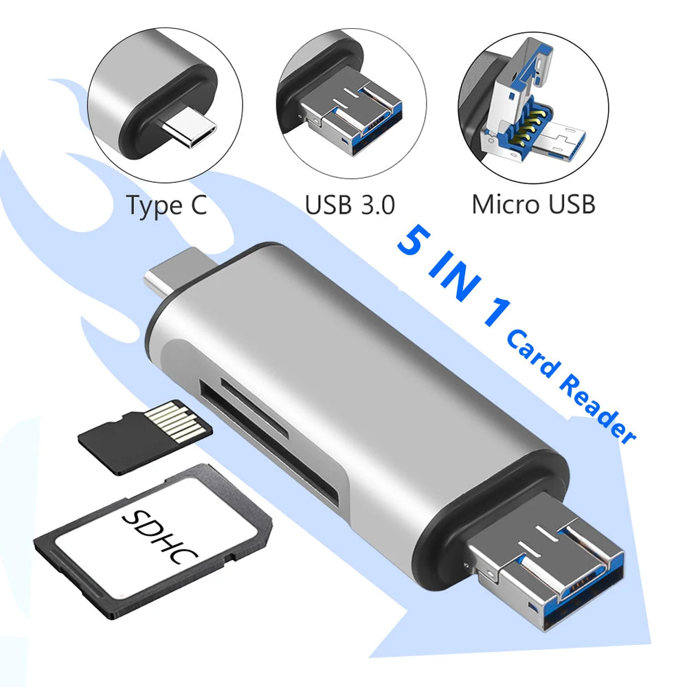 6 in 1 Card Reader USB3.0 to Type C Micro USB Universal OTG Adapter Multifunctional Adapter SD TF High-Speed Transmission