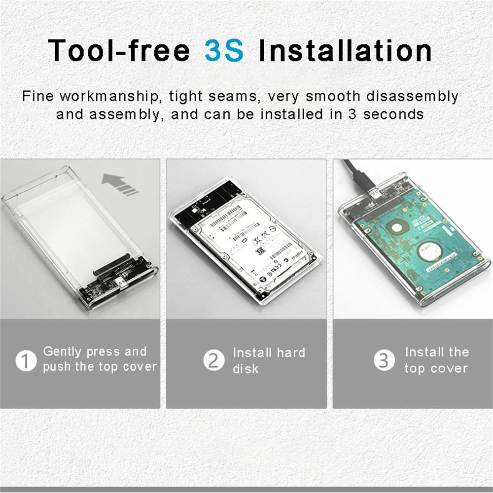 USB 3.0/Type C HDD Enclosure 2.5 inch SATA SSD External Hard Drive Case with 5Gbps Transfer Speed Clear Harddisk Boxs Tool-Free