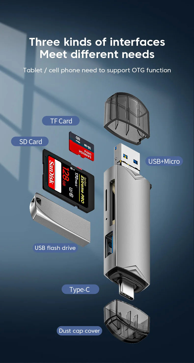 6 in 1 Card Reader USB3.0 to Type C Micro USB Universal OTG Adapter Multifunctional Adapter SD TF High-Speed Transmission