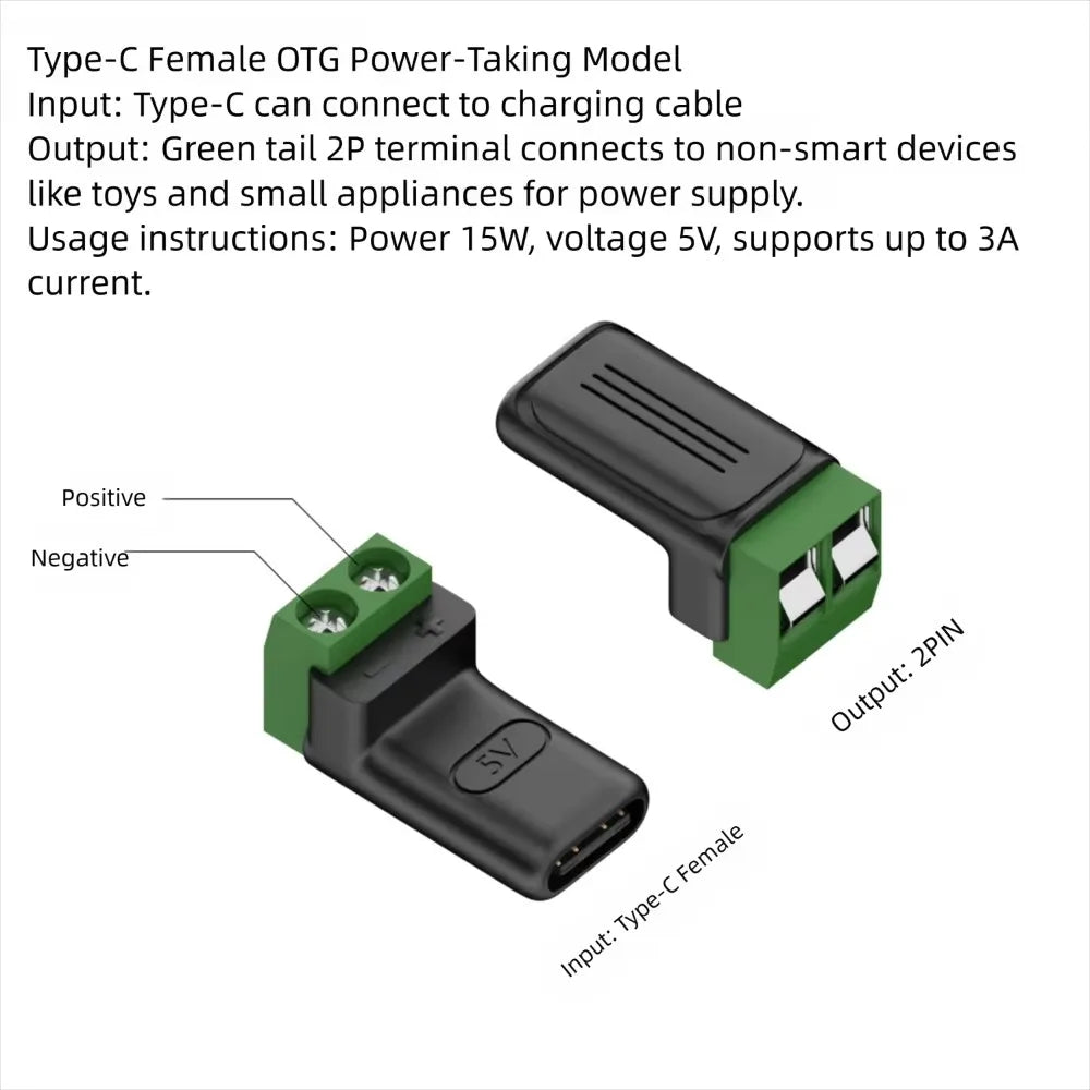 1-4Pcs Solderless Plug USB C to 2Pin Terminal Adapter Screw 5V Crimp Terminal Block Green Type-C to 2 Pin Charging Connector