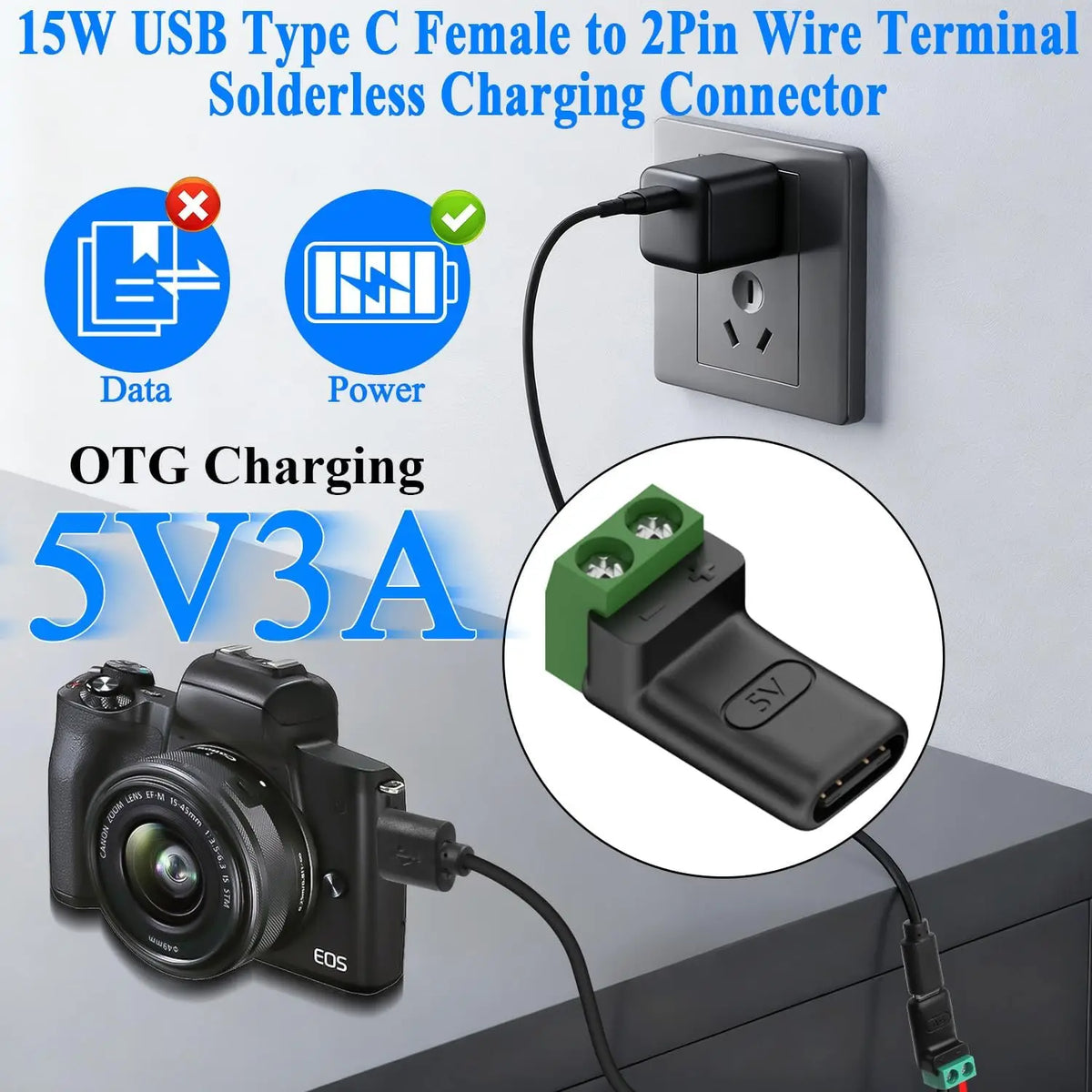 1-4Pcs Solderless Plug USB C to 2Pin Terminal Adapter Screw 5V Crimp Terminal Block Green Type-C to 2 Pin Charging Connector