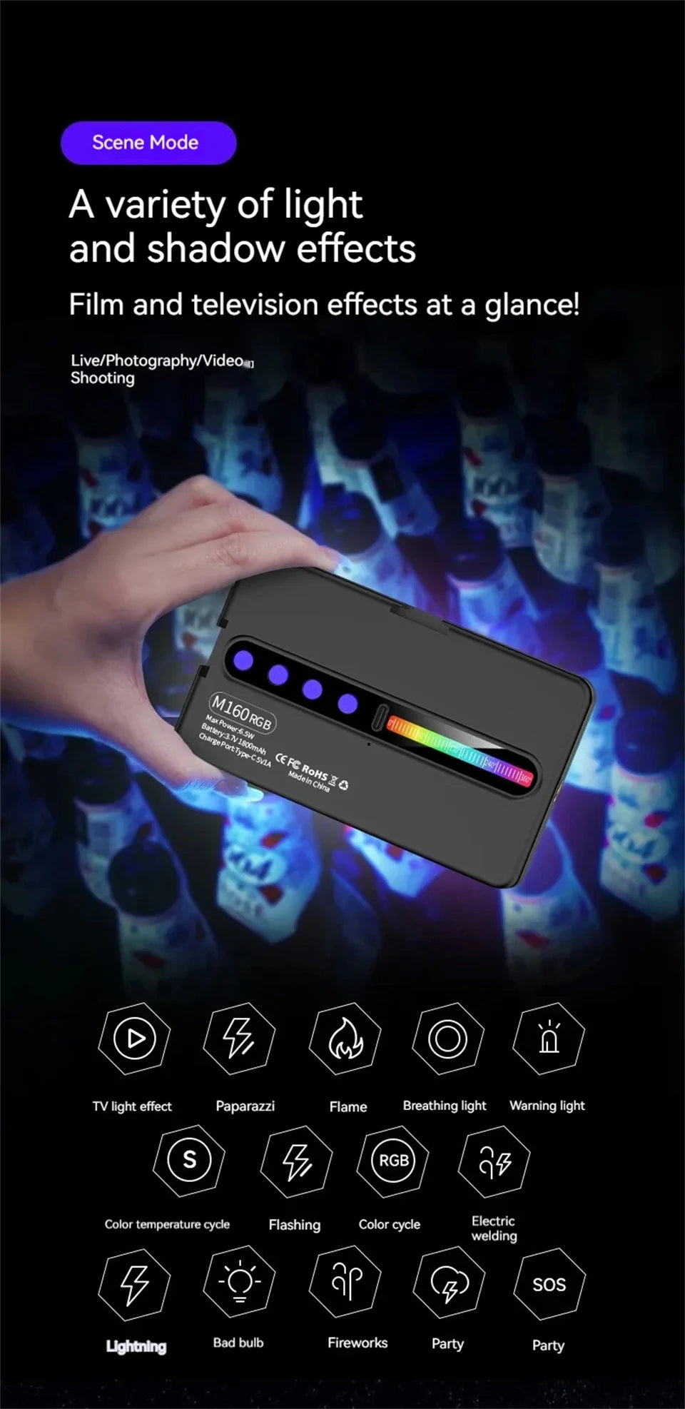 LED RGB Camera Light Full Color Output Video Light Kit Dimmable 2700K-6500K Bi-Color Panel Light CRI 95+ Rechargeable 1800mAh