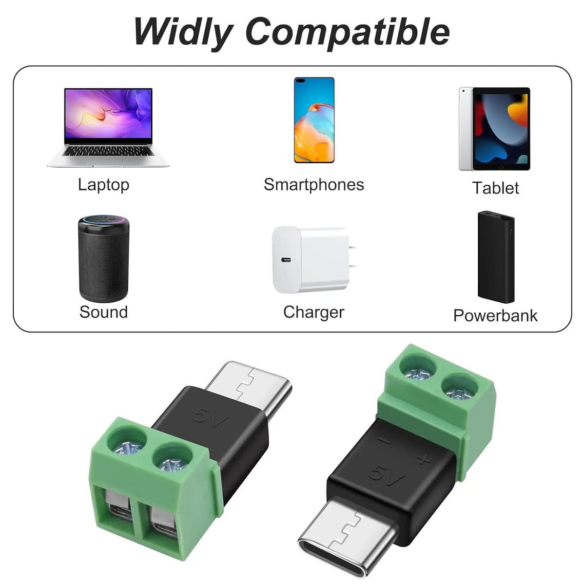 1-4Pcs Solderless Plug USB C to 2Pin Terminal Adapter Screw 5V Crimp Terminal Block Green Type-C to 2 Pin Charging Connector