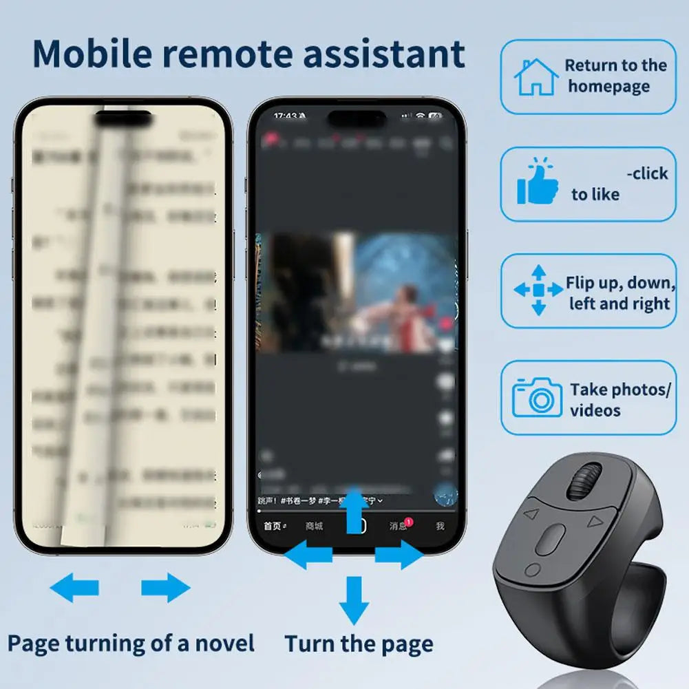 Mini Wireless Bluetooth Page Turner, Fingertip Ring Remote Control for iPhone Android iPad Kindle,USB Rechargeable Scrolling
