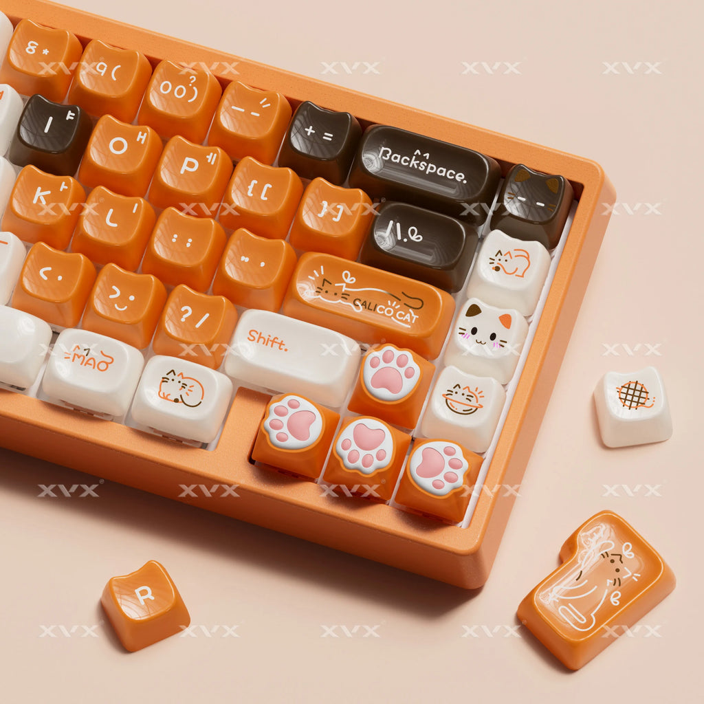 XVX Korean Calico Cat Keycaps MAO Profile PBT Orange Key Cap Set for Mechanical Keyboard (148-key)