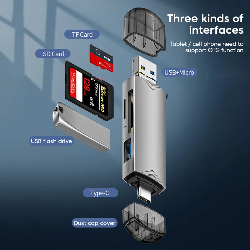 6 in 1 Card Reader USB3.0 to Type C Micro USB Universal OTG Adapter Multifunctional Adapter SD TF High-Speed Transmission