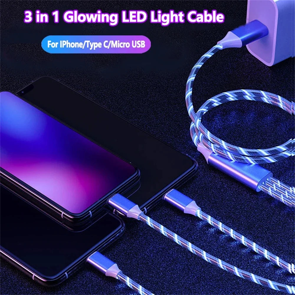 Glowing LED Light USB 3 IN 1 cable Phone Fast Charging Charger Luminous Type C Cable For Xiaomi iPhone Phone Accessories